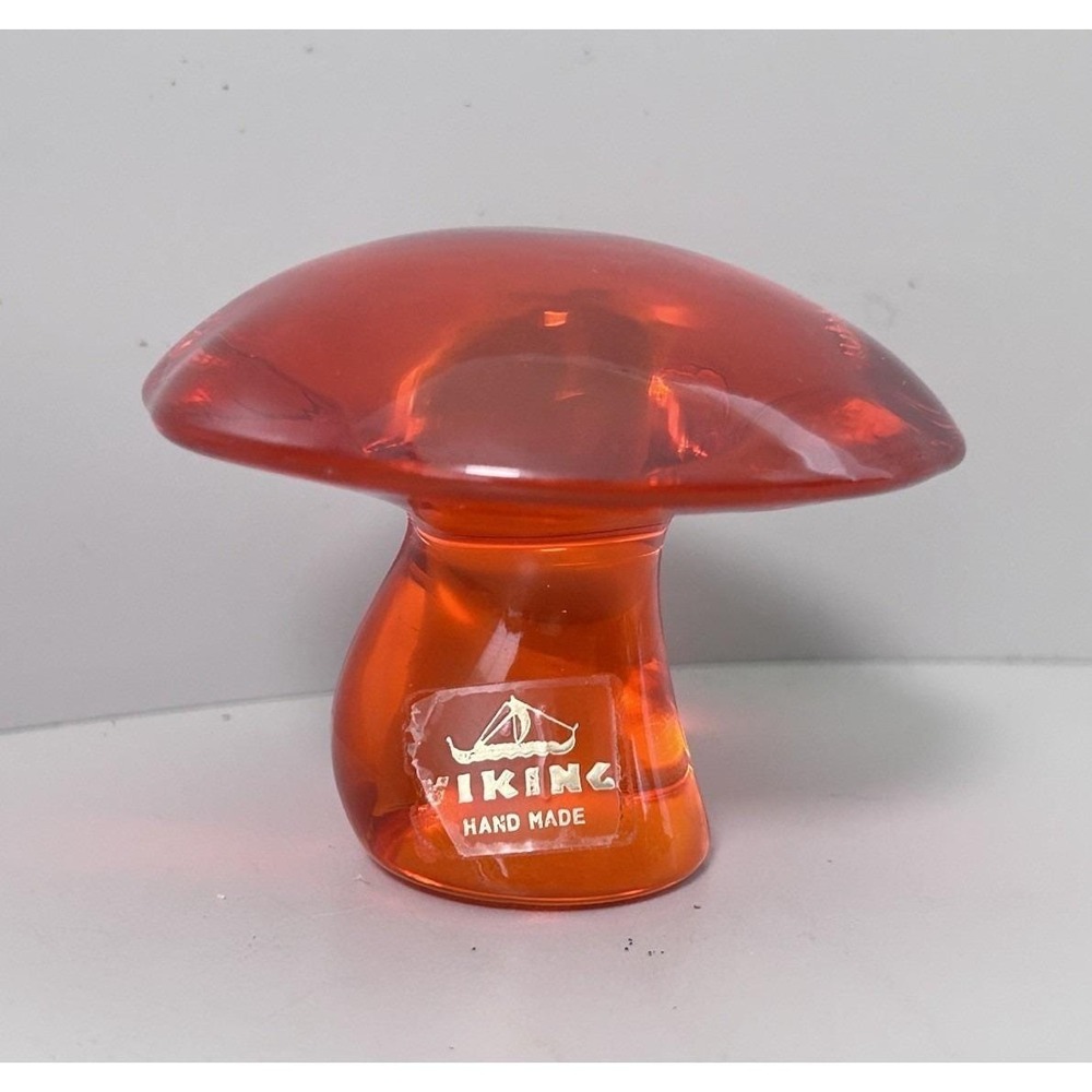 Viking Glass Vintage 60s MCM Mushroom Paperweight Persimmon Red Orange W/ Label